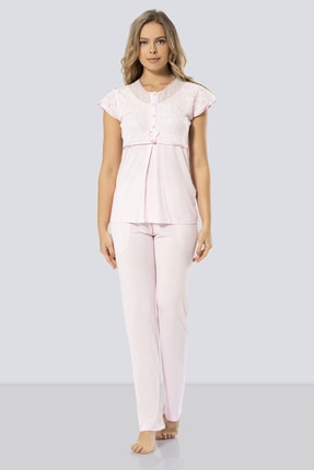 TÜREN Kadın Pembe Dantelli Pijama Takımı % 65 Viskon % 35 Polyester 3199