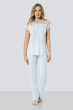 TÜREN Kadın Mavi Dantelli Pijama Takımı % 65 Viskon % 35 Polyester 3197