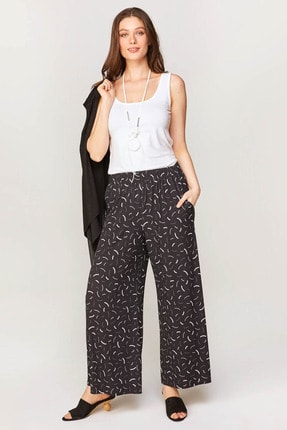 Faik Sönmez Kadın Siyah Wide Leg Fit Geometrik Desenli Örme Pantolon 60528 U60528