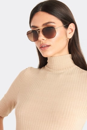 Hane14 Free Gold Metal Çerçeveli Beşgen Unisex Küçük Güneş Gözlüğü Kahverengi