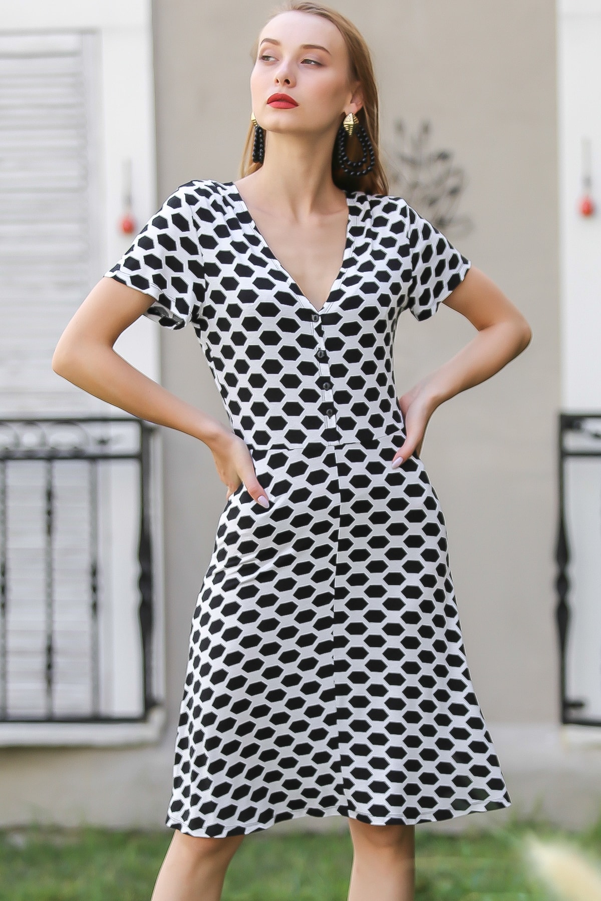 Chiccy Kadın Multi Retro Geometrik Desenli Düğme Detaylı Elbise M10160000El96305
