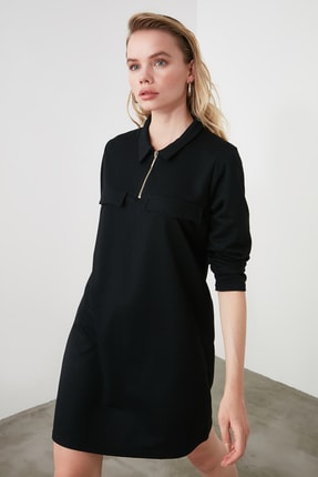 TrendyolMilla Siyah Fermuarlı Mini Örme Sweat Elbise TWOAW21EL0261