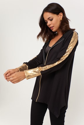Cool & Sexy Kadın Siyah-Gold Kapüşonlu Payetli Asimetrik Ceket MP1951