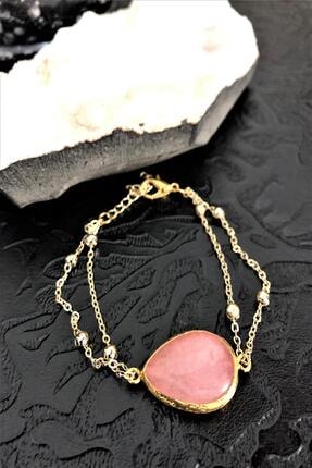 DR Stone Dr Stone Doğaltaş Pembe Kuvars Taşı El Yapımı Altın Kaplama Kadın Bileklik Dkrb10