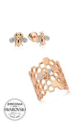 Valori Jewels Arı Konsept, Swarovski Zirkon Beyaz Taşlı, Rose Gümüş Set
