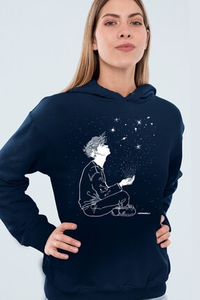 Rock & Roll34 Yıldızların Altında Lacivert Kapşonlu Kadın Sweatshirt