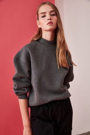 TrendyolMilla Antrasit Dik Yaka Loose Örme Sweatshirt TWOAW20SW0584