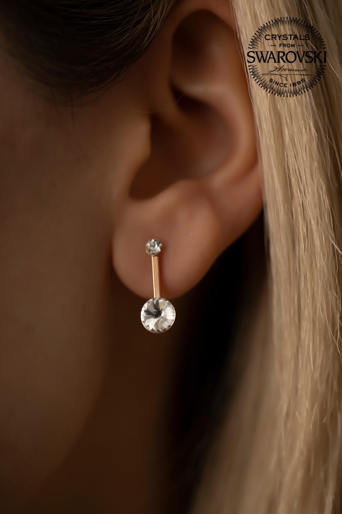 Ninova Silver Kadın Swarovski Taşlı İki Taş ve Çubuk Model Rose Kaplama Gümüş Küpe PKT-SBS0691