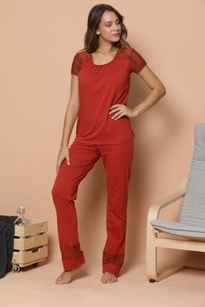 Siyah İnci Kadın Kiremit Kısa Kollu Dantel Detaylı Pamuklu Likralı Pijama Takım