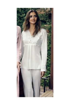 İmaj Miss Charmen 2023 Kadın Ikili Uzun Kol V Yaka Pijama Takım - Ekru