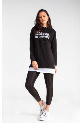 Collezione Siyah Kapişonlu Önü Baskılı Uzun Kollu Kadın Sweatshirt