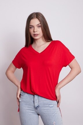 Jument Kadın V Yaka Kısa Kol Likralı Penye Kumaş Yırtmaçlı Oversize Tshirt-kırmızı