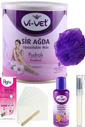 Vi-Vet Pudralı Konserve Sir Ağda Seti 240ml + Yağ + Bez + Lif + Kalempar/ Ağda Seti 5 Parça
