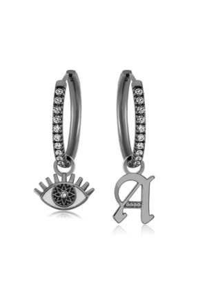 Valori Jewels Nazar Gözü Ve A Harfi Swarovski Zirkon Taşlı Gümüş Orta Boy Halka Charm Küpe