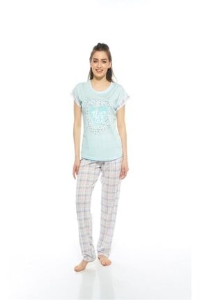 ESTİVA Kadın Yeşil Kareli Desenli Ekose Kısa Kol Bayan Pijama Takım