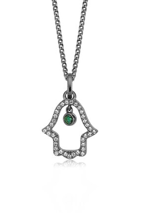 Valori Jewels Sallantılı Fatma Ana Eli, Swarovski Zirkon Yeşil Ve Beyaz Taşlı, Siyah Rodyum Gümüş Kolye