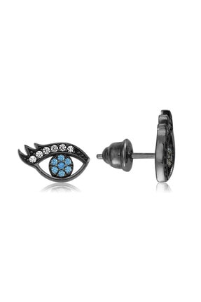 Valori Jewels Koyu Nazar Gözü, Swarovski Zirkon Mavi Ve Beyaz Taşlı, Siyah Rodyum Gümüş Küpe