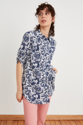 Love My Body Kadın Empirme Lacivert Büzgü Detaylı Desenli Tunik 177L7716000