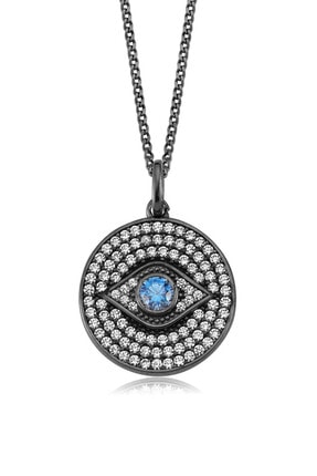 Valori Jewels Madalyon Nazar Gözü, Swarovski Zirkon Mavi Ve Beyaz Taşlı, Siyah Rodyum Gümüş Kolye