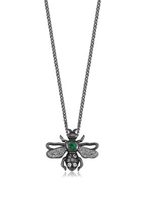 Valori Jewels Kraliçe Arı, Swarovski Zirkon Yeşil Ve Beyaz Taşlı, Siyah Rodyum Gümüş Kolye