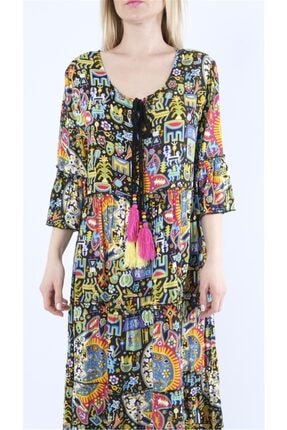 Cotton Mood 21126003 Dok.vis.des.kapri Kol Volanlı Etnik Uzun Elbise Sıyah Desenlı
