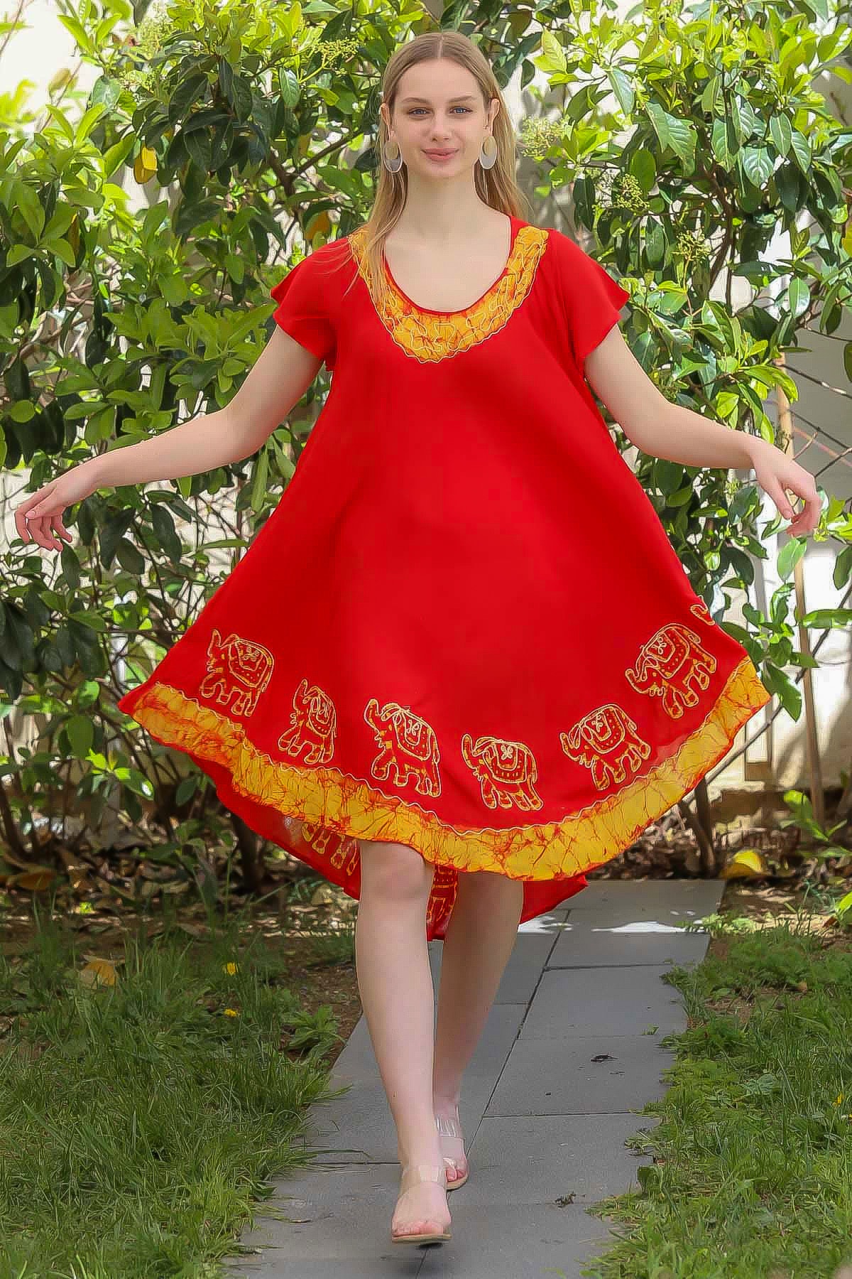Chiccy Kadın Mercan Hint İşi Fil Desenli Kısa Kollu Batik Elbise M10160000EL94987