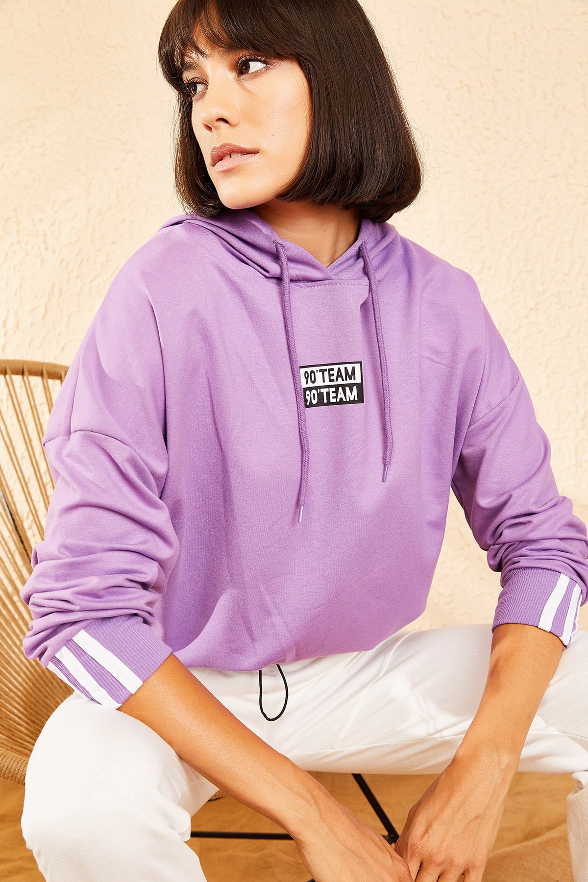 Bianco Lucci Kadın Lila Baskılı Kapüşonlu Kol Çizgi Detaylı Sweatshirt 10111020