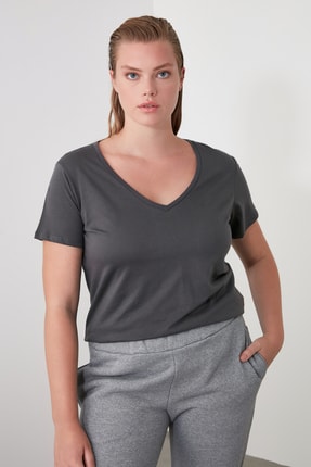 TrendyolMilla Antrasit %100 Pamuk V Yaka Basic Örme T-Shirt TWOSS20TS0129