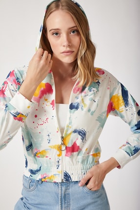 Happiness İst. Kadın Çağla Yeşili Batik Desenli Kapüşonlu Fermuarlı Crop Sweatshirt ZV00004