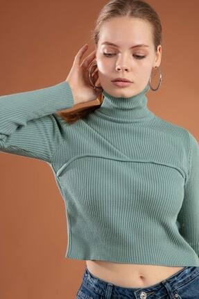 Y-London Kadın Mint Yeşili Boğazlı Fitilli Crop Kazak Y20W106-0359