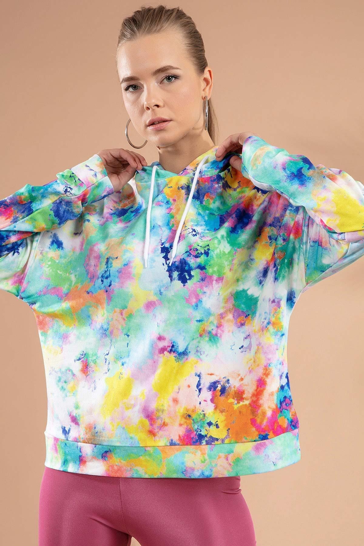 Y-London Kadın Yeşil Pembe Batik Desenli Örme Kapşonlu Sweatshirt P20W-4125-4