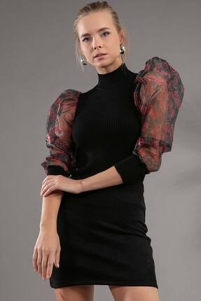 Y-London Kadın Siyah Balon Kol Gül Desen Balıkçı Triko Kazak 254 Y19W136-0254GUL