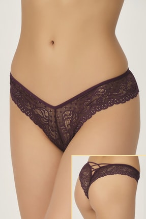 PrettyChic Dantelli Arkası Çapraz Ip Detaylı Brezilya Modeli Mürdüm Külot