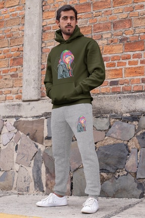 Angemiel Wear Gökkuşağı Saçlı Kız Erkek Eşofman Takımı Yeşil Kapşonlu Sweatshirt Gri Eşofman Altı