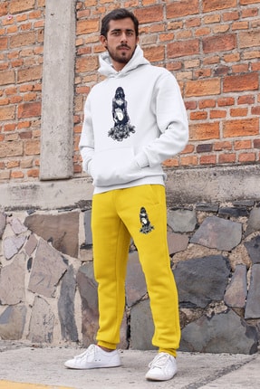 Angemiel Wear Gaz Maskeli Çekici Kız Erkek Eşofman Takımı Beyaz Kapşonlu Sweatshirt Sarı Eşofman Altı