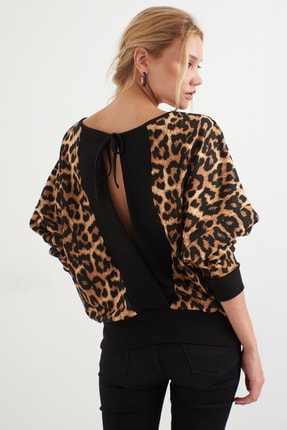 Cool & Sexy Kadın Siyah -Camel Leopar Desenli Sırtı Açık Yarasa Kol Sweatshirt B161