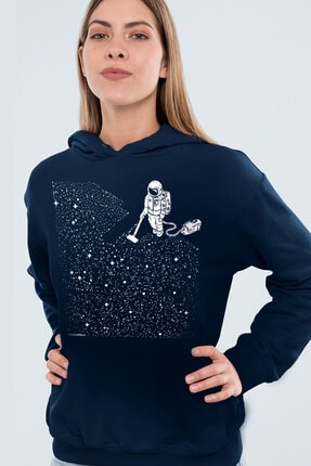 Rock & Roll34 Süpürgeli Astronot Lacivert Kapşonlu Kadın Sweatshirt