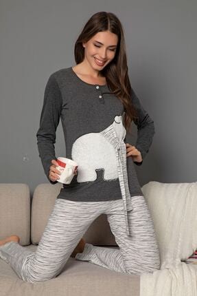 Siyah İnci Kadın Gri Pamuklu Likrali Düğmeli Nakışlı Pijama Takım