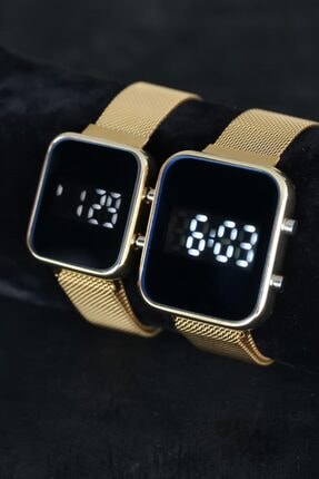 Choppers Gold Hasır Metal Kordonlu Dijital Led Sevgili Saat Kombini