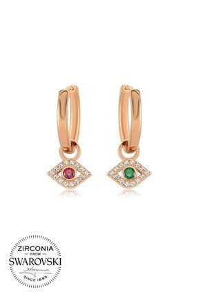 Valori Jewels Nazar Gözü, Swarovski Zirkon Kırmızı Ve Yeşil Taşlı, Rose Gümüş Küçük Boy Taşsız Halka Charm Küpe