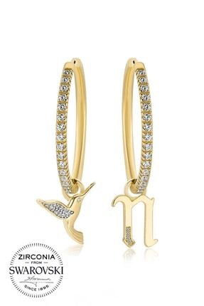 Valori Jewels Tatlı Kuş Ve N Harfi, Swarovski Zirkon Taşlı, Altın Rengi Gümüş Büyük Boy Halka Charm Küpe