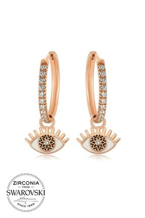 Valori Jewels Büyülü Nazar Gözü, Beyaz Swarovski Zirkon Taşlı, Rose Gümüş Orta Boy Halka Charm Küpe