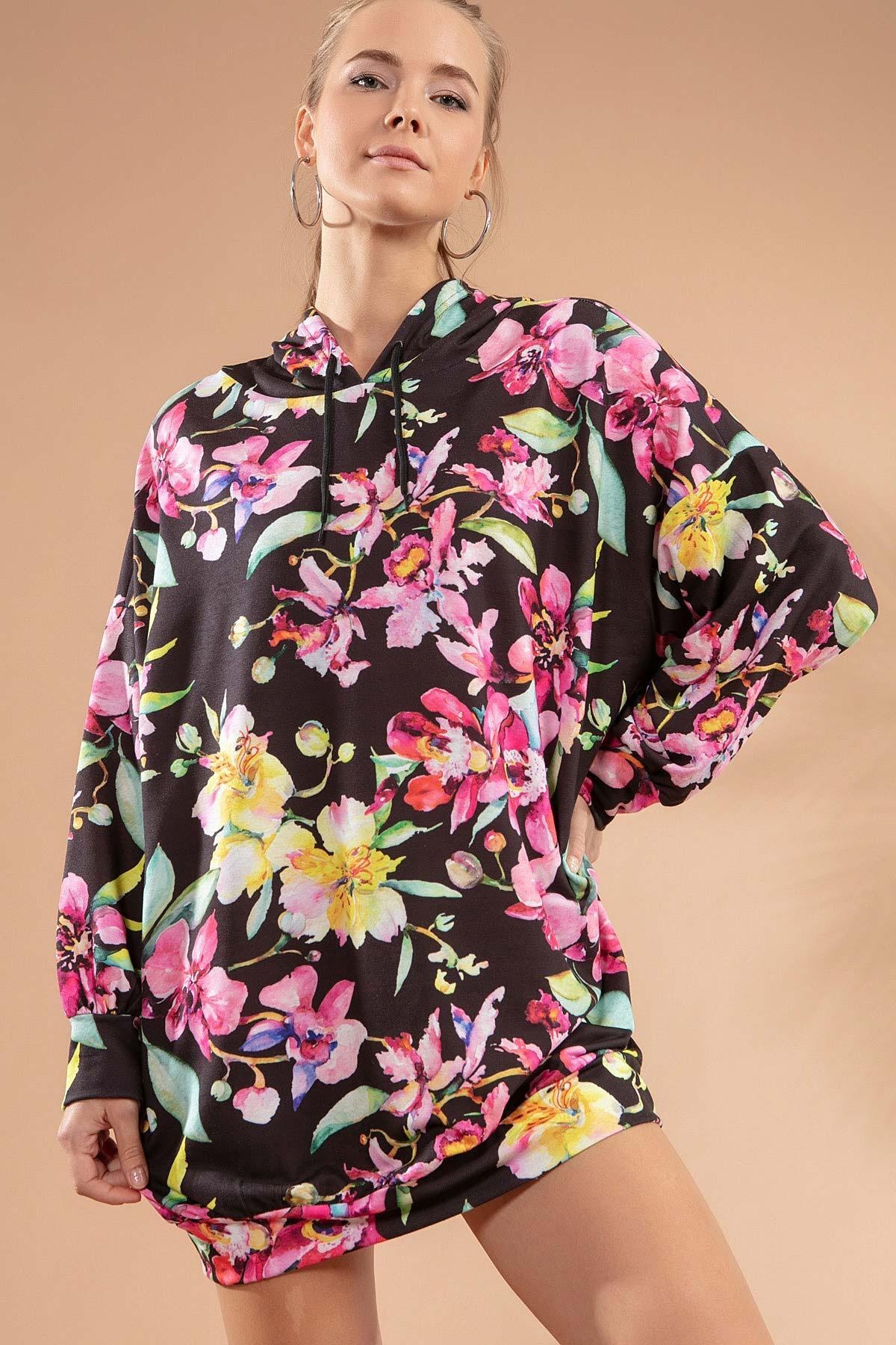 Y-London Kadın Siyah Çiçekli Örme Kapşonlu Sweatshirt Elbise Y20W110-4125-15