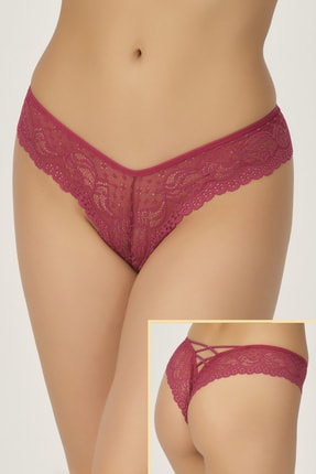 PrettyChic Dantelli Arkası Çapraz Ip Detaylı Brezilya Modeli Vişne Külot