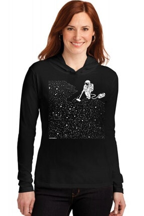 Rock & Roll34 Süpürgeli Astronot Siyah Kapşonlu Uzun Kollu Kadın T-shirt