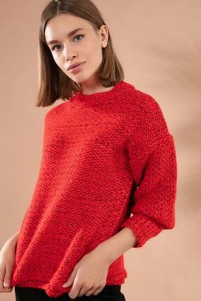 Y-London Kadın Kırmızı Pul Detaylı Düşük Kol Triko Kazak P3444-2 Y19W143-P3444-2