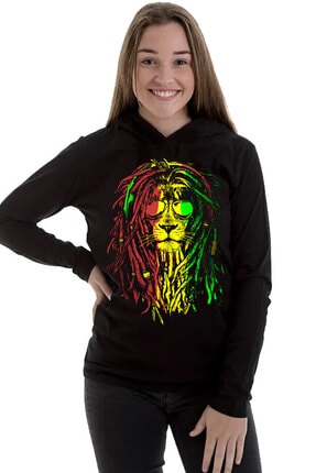 Rock & Roll34 Kadın Siyah Rasta Reggae Aslan Kapşonlu Uzun Kollu T-shirt