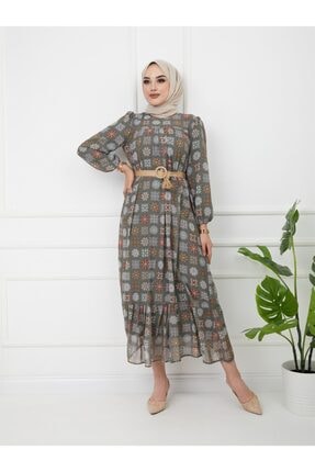 Olcay Robası Ve Eteği Büzgülü Hasır Kemerli Elbise Haki 9795-e