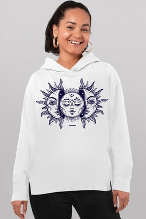 Rock & Roll34 Kadın Beyaz Ay Güneş Arkası Uzun Yanları Yırtmaçlı Kapşonlu Sweatshirt