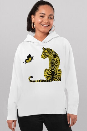 Rock & Roll34 Kadın Beyaz, Bana Bak, Arkası Uzun, Yanları Yırtmaçlı, Kapşonlu Sweatshirt